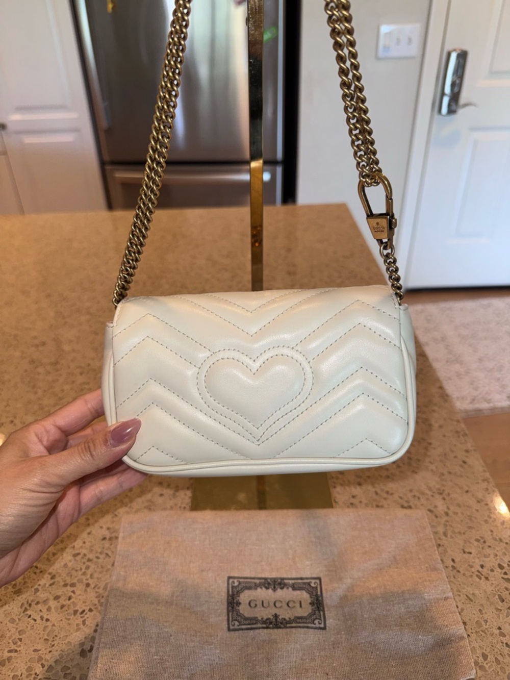 Gucci Cream GG Marmont Chevron super Mini Shoulder Bag with Gold Hardware - Picture 3 of 12